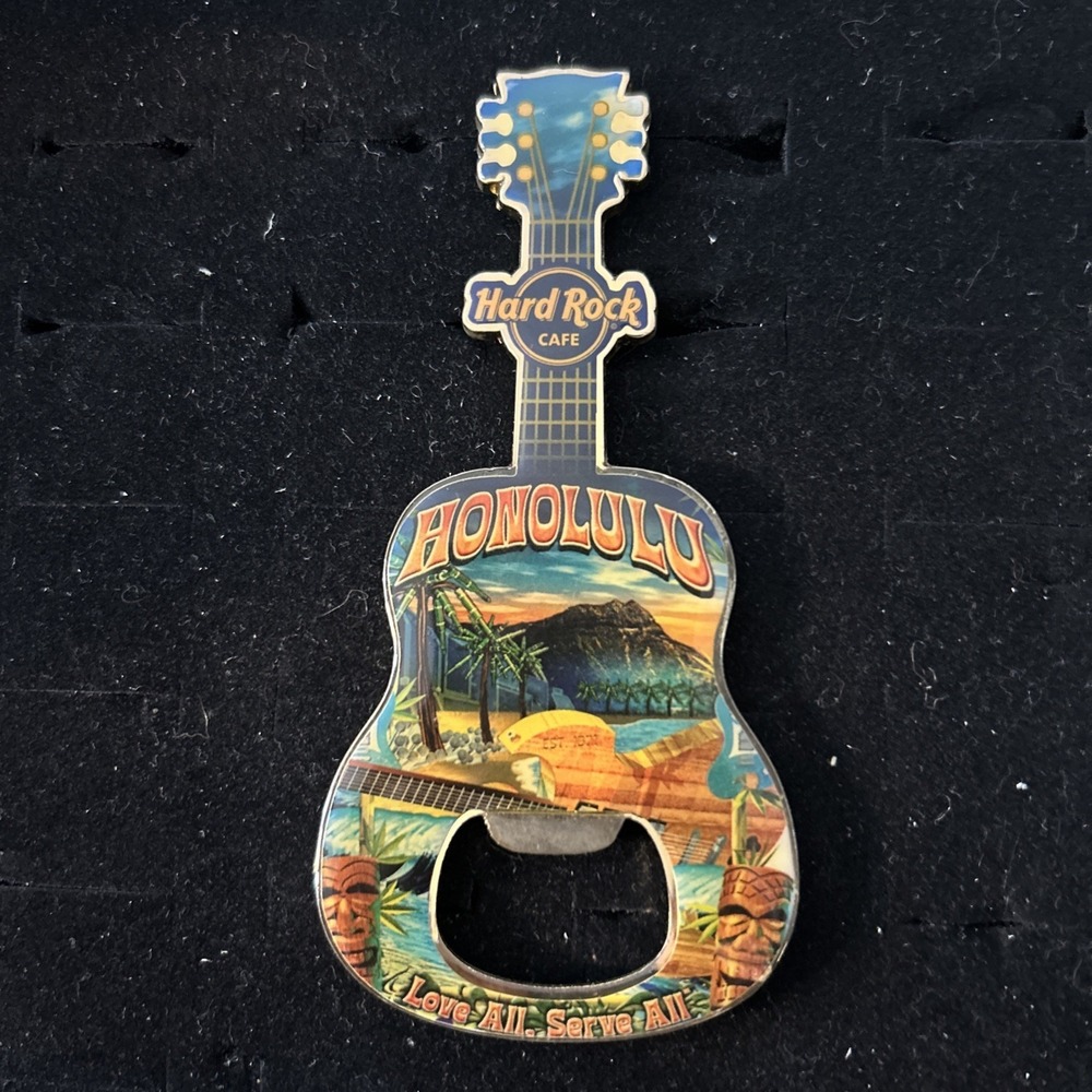 HONOLULU LOVE ALL SERVE Guitar Volcano TIKI BOTTLE OPENER GUITAR Hard Rock Ca